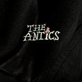 The Antics – self-titled clear vinyl LP front cover, black textured sleeve with embroidered-style band logo and red flame detail