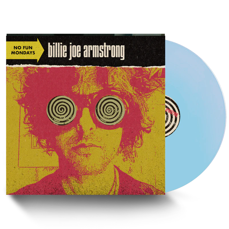 Vinyl record with cover featuring a stylized portrait and spiral designs, on a white background.