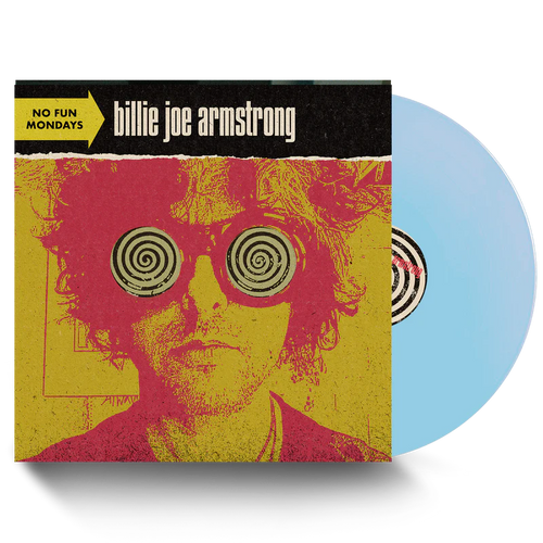 Vinyl record with cover featuring a stylized portrait and spiral designs, on a white background.