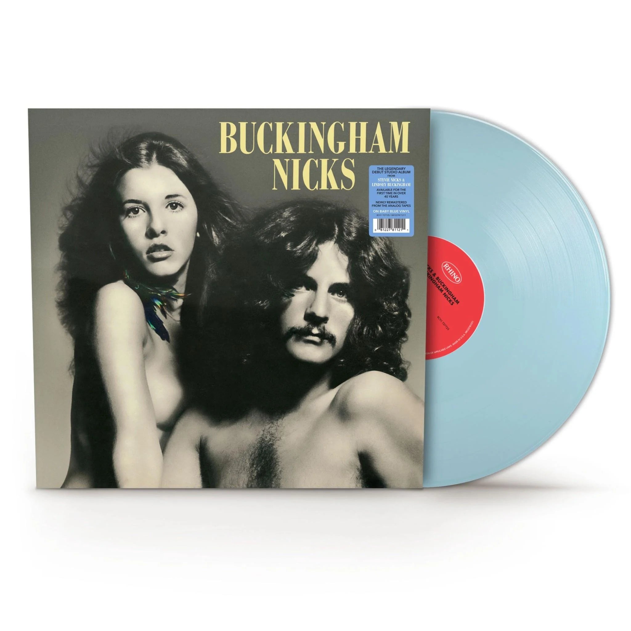 Vinyl record with 'Buckingham Nicks' cover featuring a black and white photo of two people.