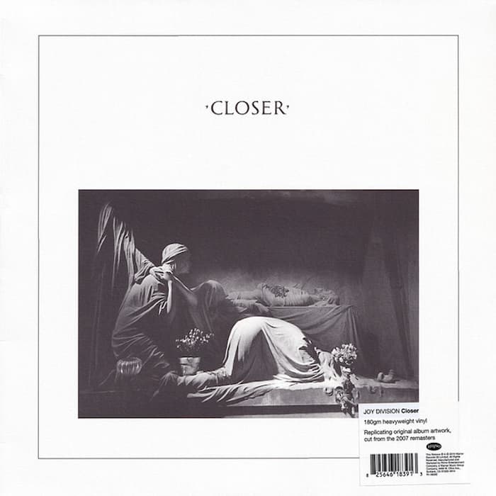Album cover for Joy Division's 'Closer', featuring a black and white classical painting of a reclining figure, with the title 'CLOSER' at the top and a barcode label at the bottom right.