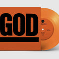 Orange vinyl record with 'GOD' text on a matching orange sleeve against a white background