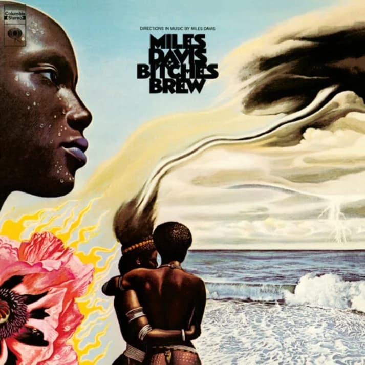 Album cover of 'Bitches Brew' by Miles Davis featuring a stylized portrait, floral elements, and a beach scene.