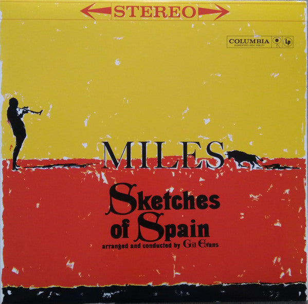 Vinyl album cover for 'Sketches of Spain' by Miles Davis with yellow and red design.