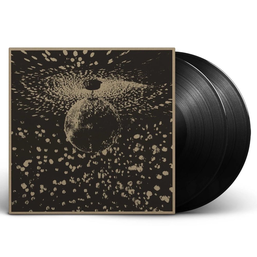 Black vinyl record with a unique cover design on a white background