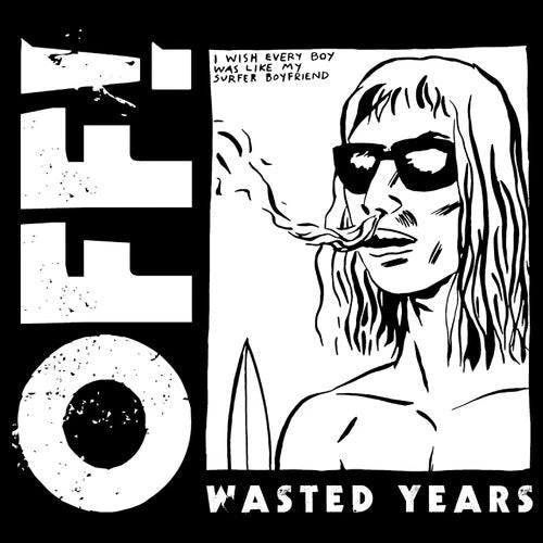 Black and white graphic with a stylized illustration of a person with sunglasses and text, featuring the brand 'OFF!'.