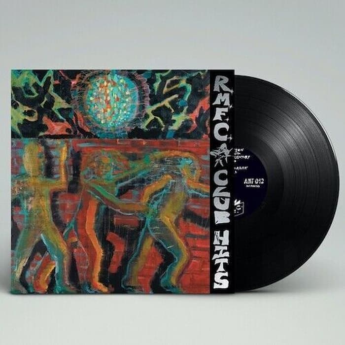 A vinyl record partially pulled from its sleeve, showing a colorful abstract cover artwork with stylized human figures and a black LP disc on a light gray background.