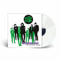 Vinyl record with cover featuring a band illustration and text on a white background