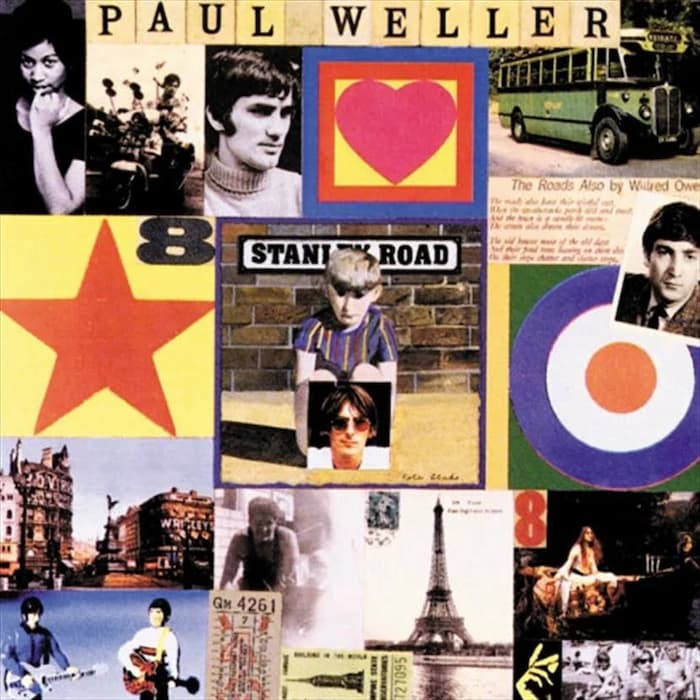 Paul Weller Stanley Road vinyl LP — colourful pop-art collage cover featuring mod target, red star, heart, vintage bus, Eiffel Tower and street photography