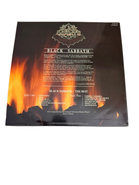 Back cover of a Black Sabbath album with fiery design and text.