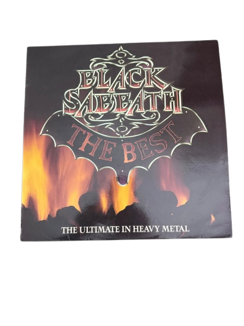 Black Sabbath 'The Best' album cover with flames on a white background