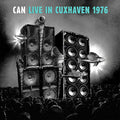 Album cover art for Can's 'Live in Cuxhaven 1976', featuring a black and white illustration of towering speaker stacks on a stage with fish-shaped sound waves, under a dark sky with the band's name and event title in teal text.