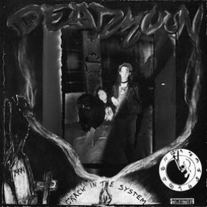 Black and white album cover art for 'Dead Moon' by Crack in the System, featuring a dark, surreal illustration with a figure in a doorway and a clock in the lower right corner.