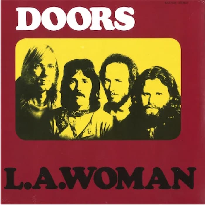 The Doors – L.A. Woman vinyl LP record, original album cover featuring the four band members on a yellow background with red border