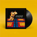 Electric Six vinyl record album with the black LP partially visible behind the square album cover, set against a solid yellow background.