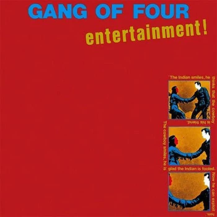 Album cover for 'entertainment!' by Gang of Four with a red background and graphic design elements.
