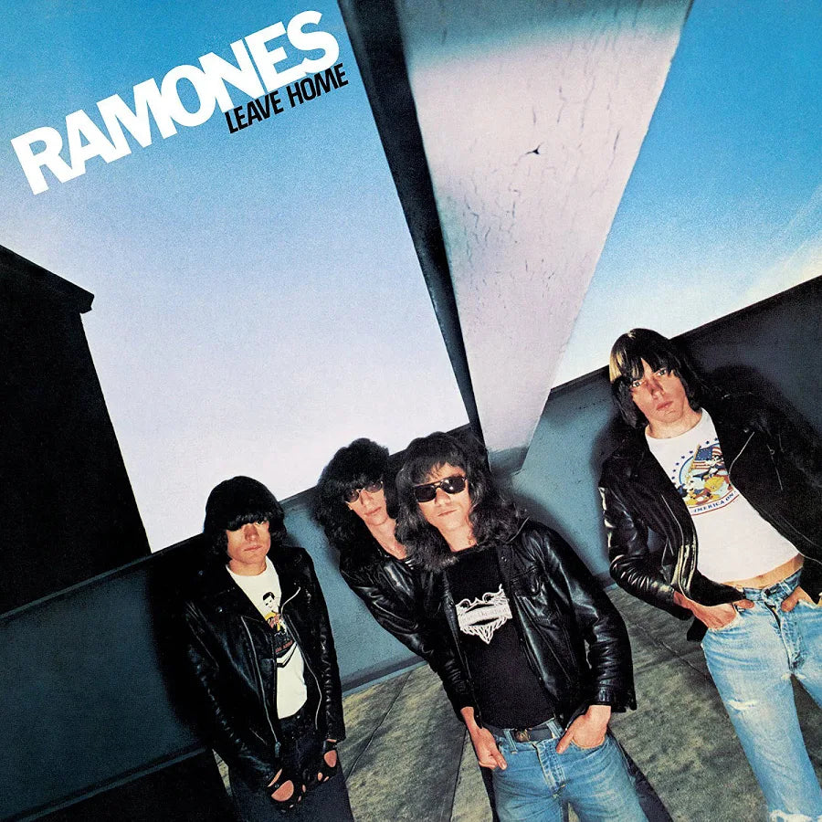 Album cover for 'Leave Home' by Ramones featuring four band members.