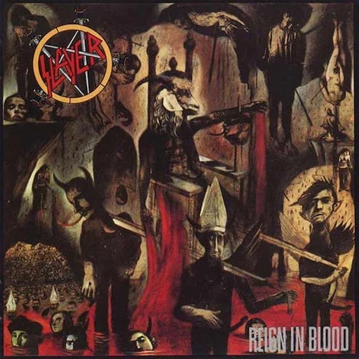 Album cover for 'Reign in Blood' by Slayer with dark, gothic imagery and the band's logo.